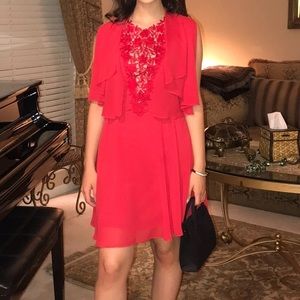 Bcbgmaxazria red embroidered cape cocktail dress